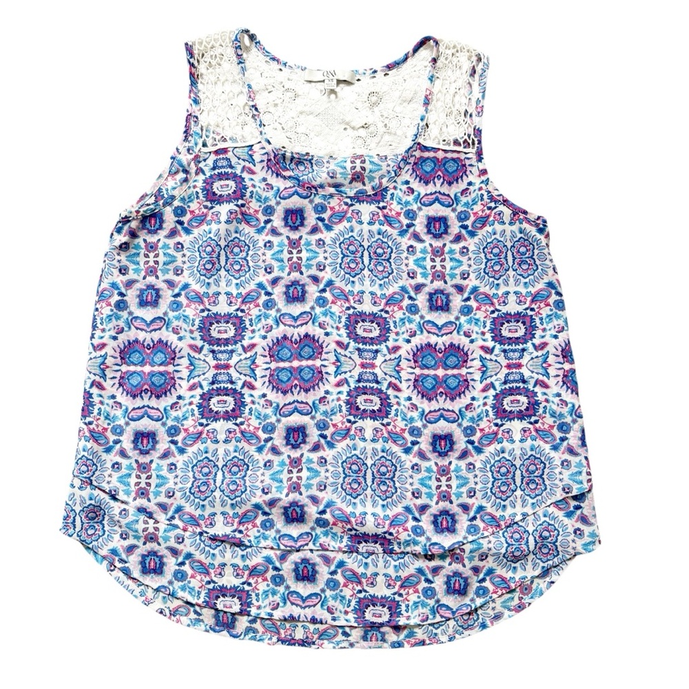 Q&A Boho Chic Sleeveless Top crochet lace yoke layered blouse women's XS